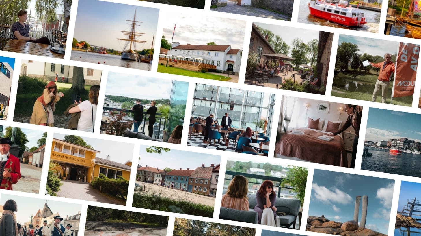 Collage av opplevelser, mennesker, overnatting og steder fra partnerbedrifter i Fredrikstad og Hvaler.